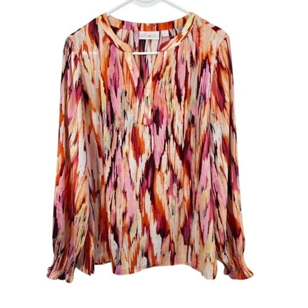 Belle‎ Kim Gravel Red Orange Blouse Multicolor Abstract Print Long Sleeve Top
